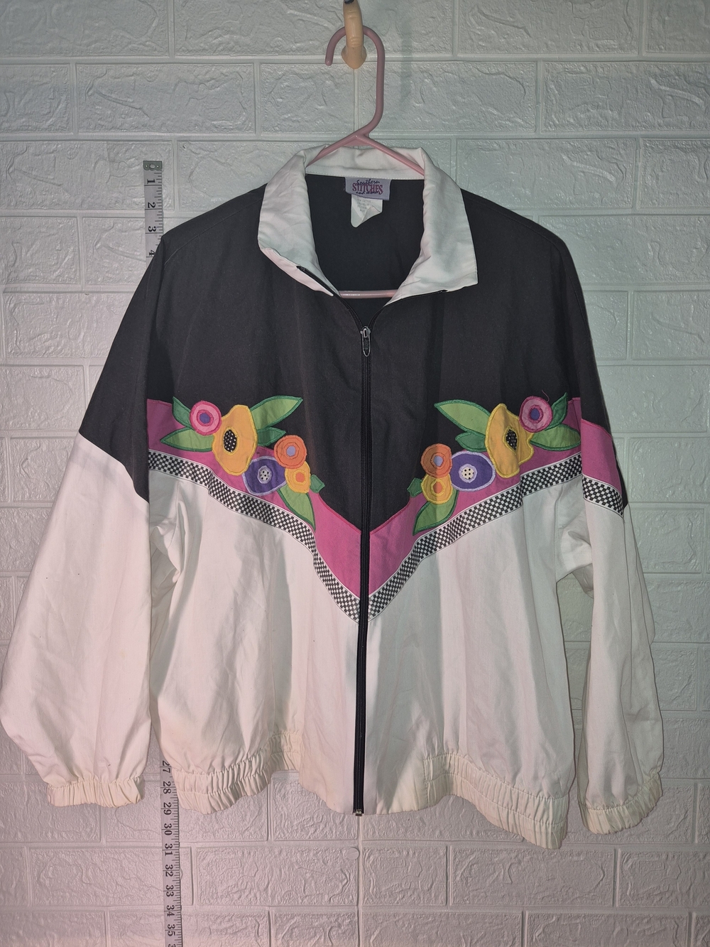 Rare VTG Floral Checker Cardigan Sweater Collar full zip Women's Size Large